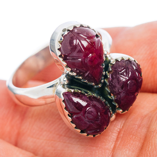 Premium 3-Gemstone Carved Ruby Ring Size 7 (.925 Sterling Silver)