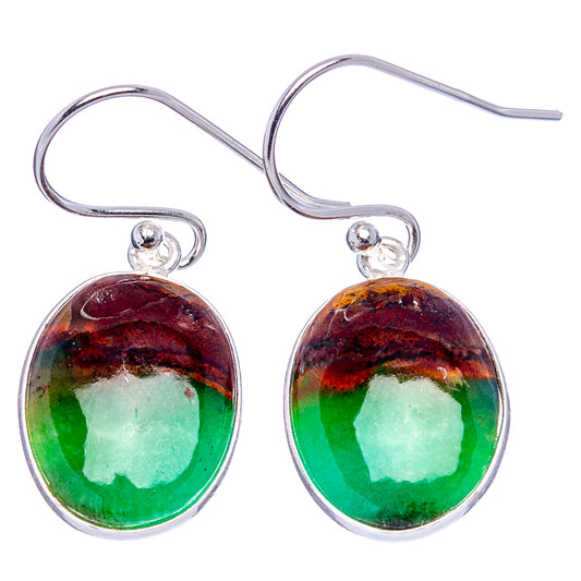 Oval opalized wood drop earrings with .925 sterling silver hooks, bright green center.