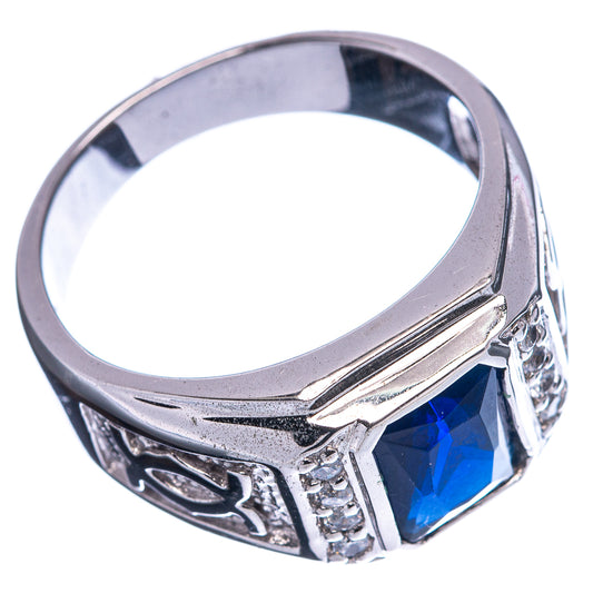 Sterling silver men’s ring band with blue square gemstone and engraved side details