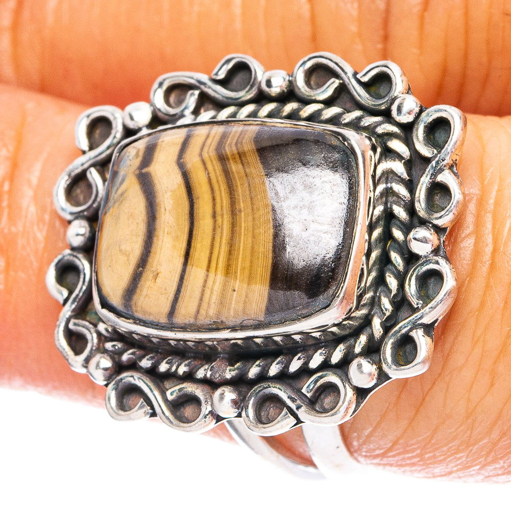 925 sterling silver ring with oval striped gemstone cabochon, ornate bezel setting