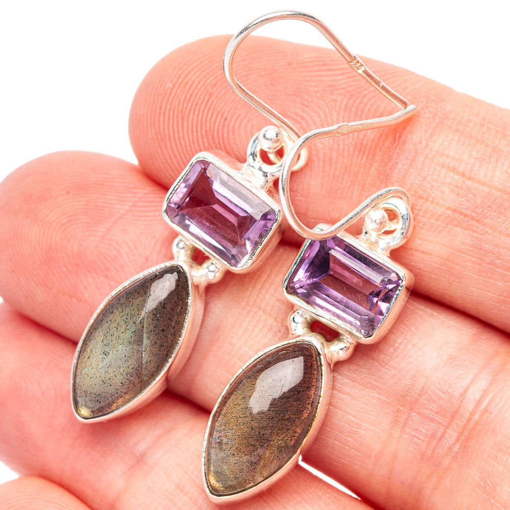 Labradorite, Amethyst 925 Sterling Silver Earrings 1 1/2" (925 Sterling Silver) E2194