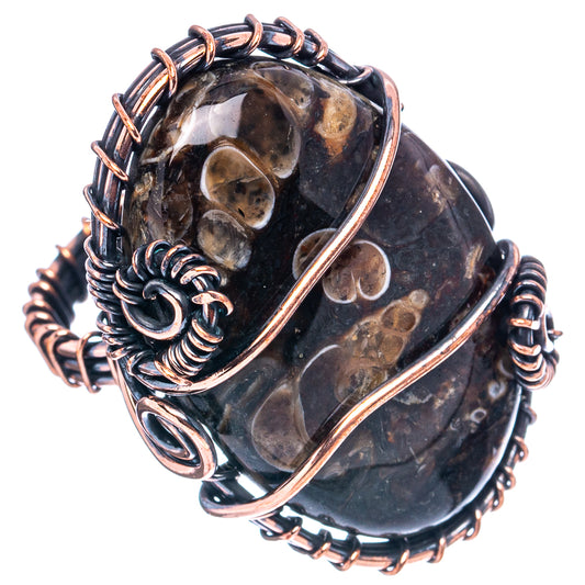 Oxidized copper wire wrap ring, size 5, dark turritella agate oval with copper loops