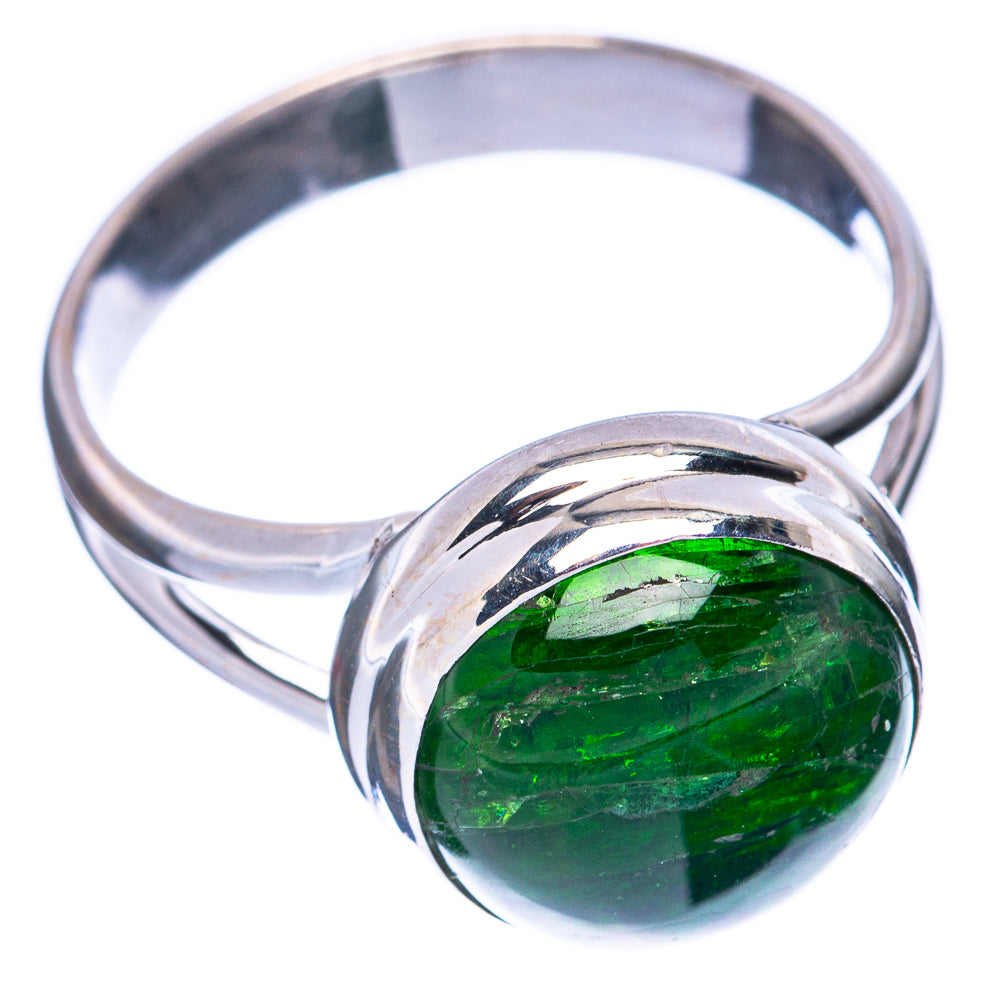 Sterling silver ring with round green diopside gemstone cabochon, polished band