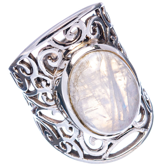 Oval moonstone ring in .925 sterling silver with detailed scroll filigree, side view