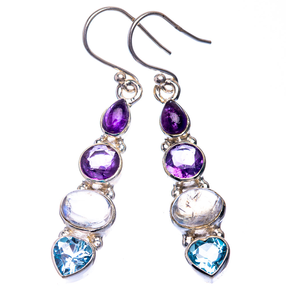 Rainbow Moonstone, Blue Topaz, Amethyst Earrings 1 7/8" (925 Sterling Silver) E432590