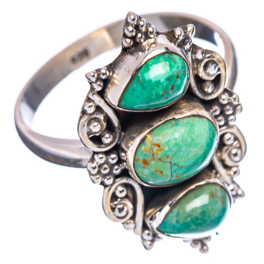 Turquoise oval stone adjustable sterling silver ring with three cabochons and decorative scrolls