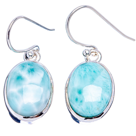 Sterling silver oval larimar drop earrings with blue-green stone, hook backs