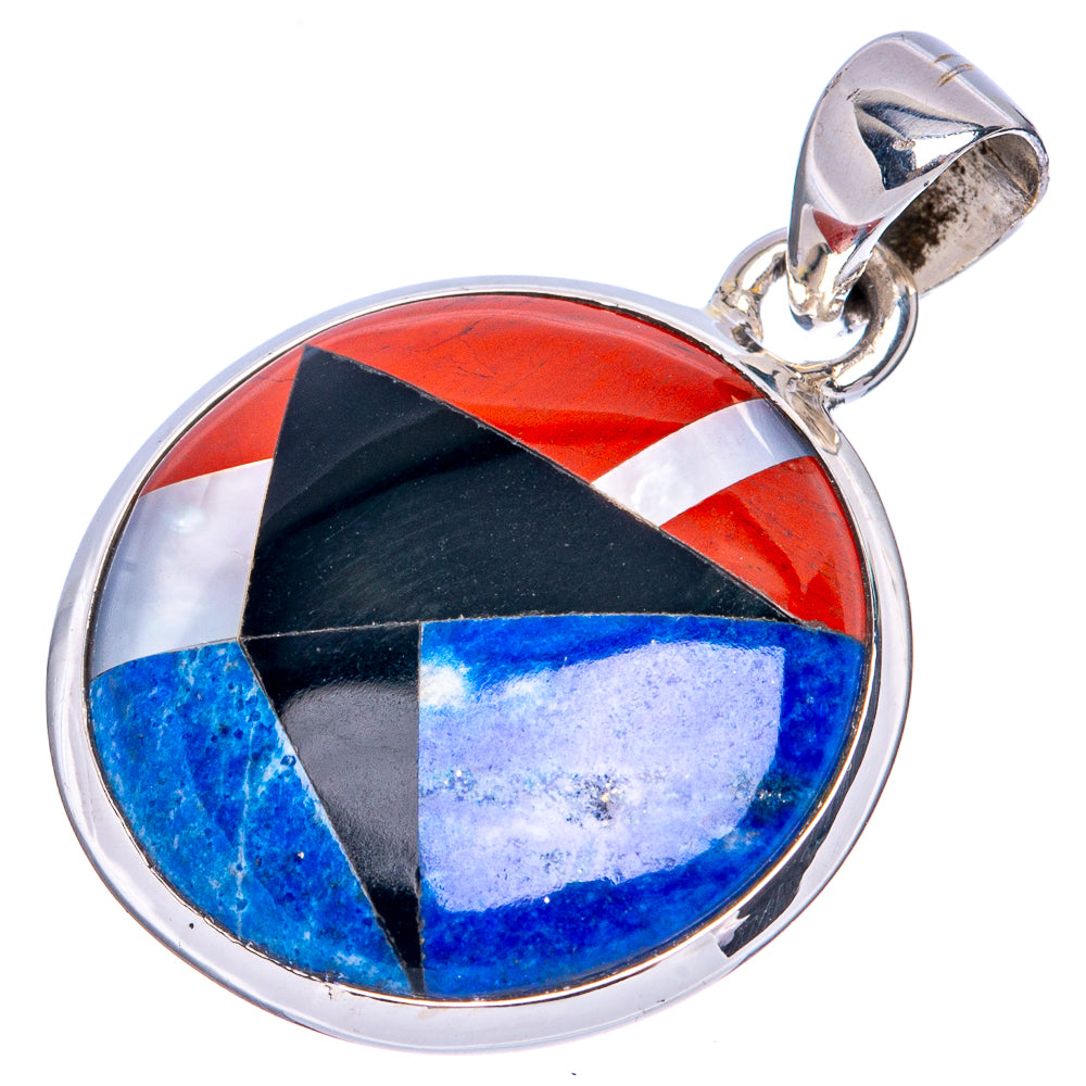 Round sterling silver pendant with colorful inlay and silver bail, abstract red blue black pattern