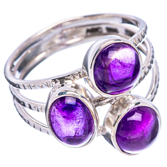 Sterling silver amethyst ring with braided band and three round purple stones