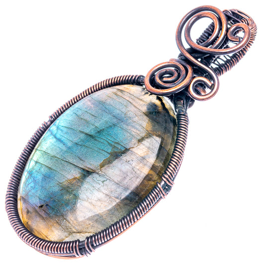 Oxidized copper wire-wrapped labradorite oval pendant with spiral swirls