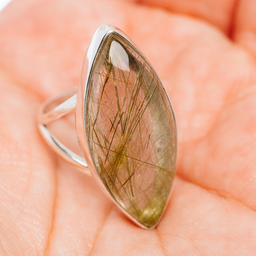 Sterling silver rutilated quartz ring (7.5), oval cabochon with fine green needles