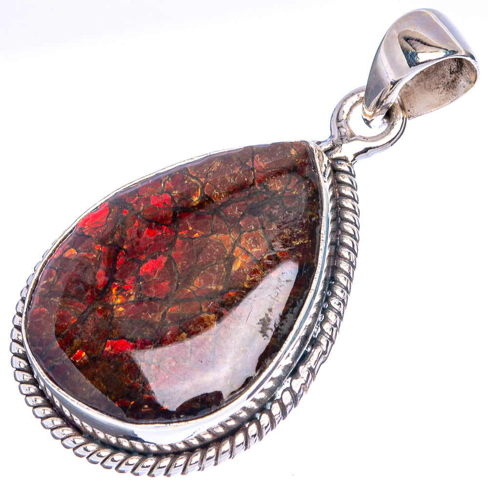 Ammolite teardrop pendant with red iridescent stone, braided sterling frame, and bail