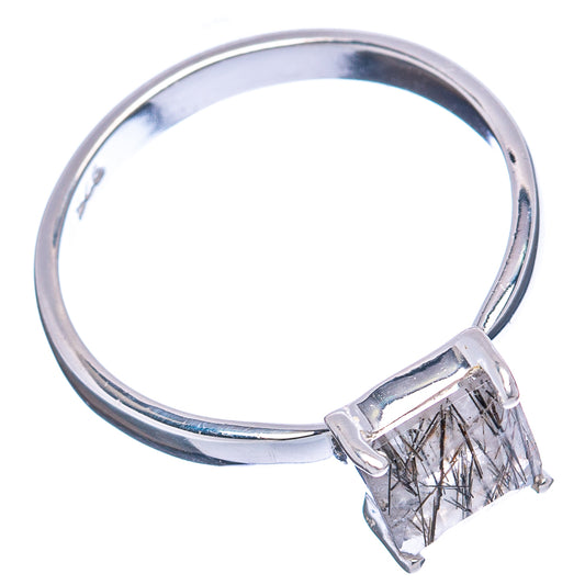 Sterling silver ring with square prong-set tourmalinated quartz, black needle inclusions