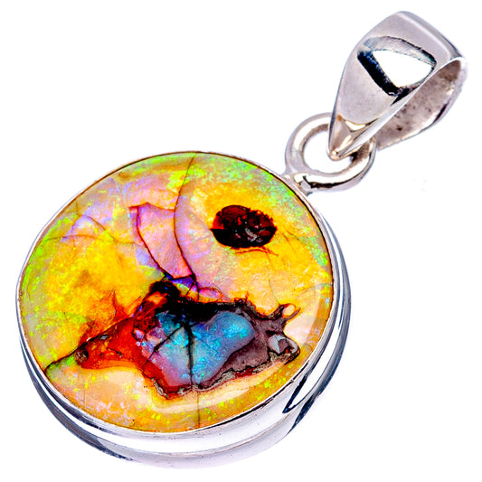 Round opal pendant .925 sterling silver bezel with iridescent blue, green, gold