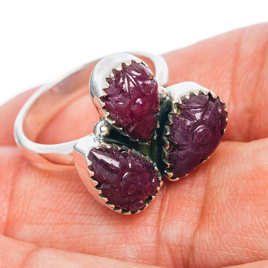 Premium 3-Gemstone Carved Ruby Ring Size 7 (.925 Sterling Silver)