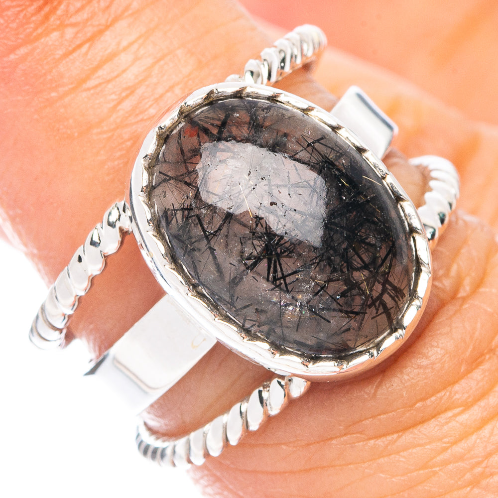 Oval tourmalinated quartz cabochon ring in 925 sterling silver, dark smoky stone