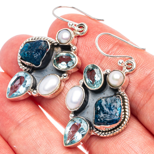 Premium Apatite, Blue Topaz, Cultured Pearl Earrings 1 3/4" (925 Sterling Silver) E1683