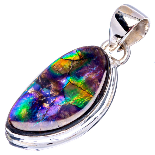 Sterling silver ammolite pendant with oval rainbow iridescent stone, hinged bail