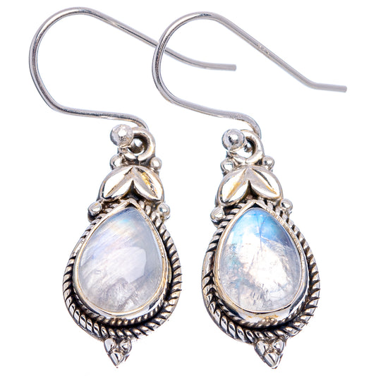 Sterling silver rainbow moonstone teardrop drop earrings with fishhook backs, blue sheen