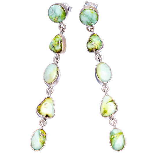 Pair of sterling silver dangle earrings with oval green turquoise stones on chain drops