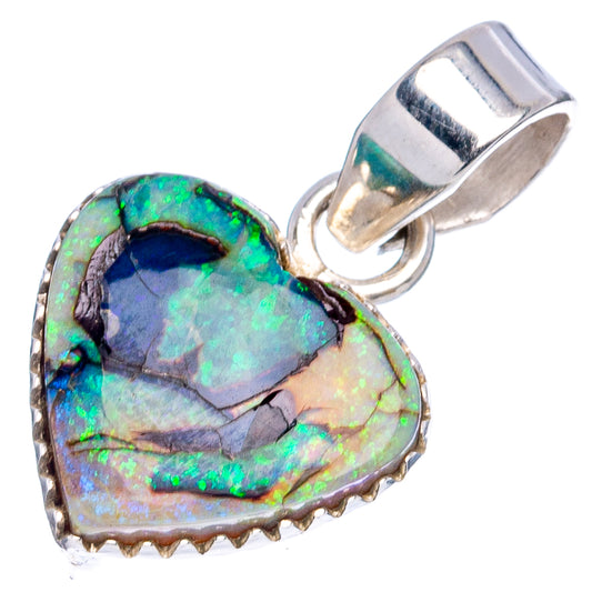 Heart opal pendant in sterling silver, iridescent blue-green heart with silver bail