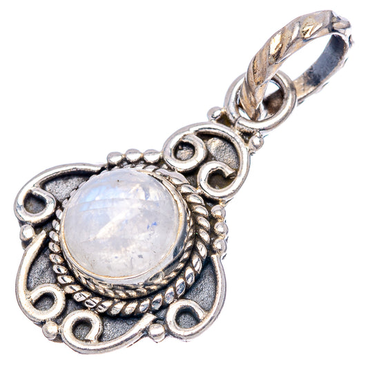 Round rainbow moonstone pendant in ornate sterling silver setting with loop bail
