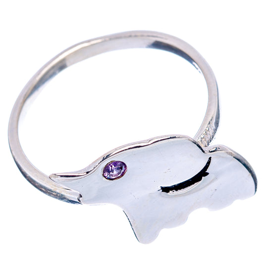 Sterling silver elephant ring with purple gemstone, curved open band
