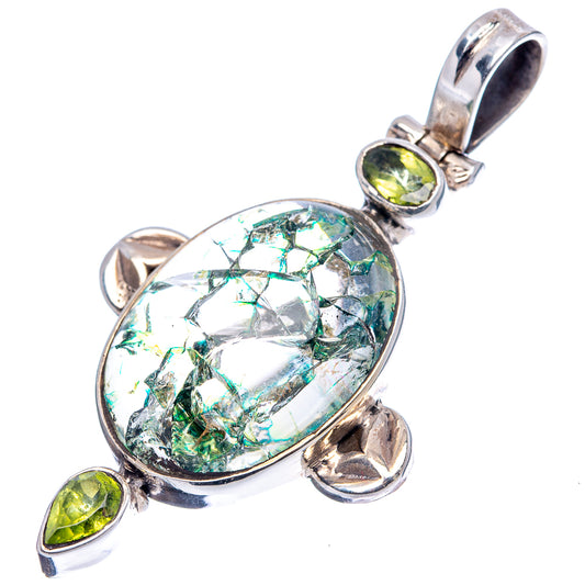 Sterling silver crackle quartz pendant with peridot teardrop stones and openwork bezel