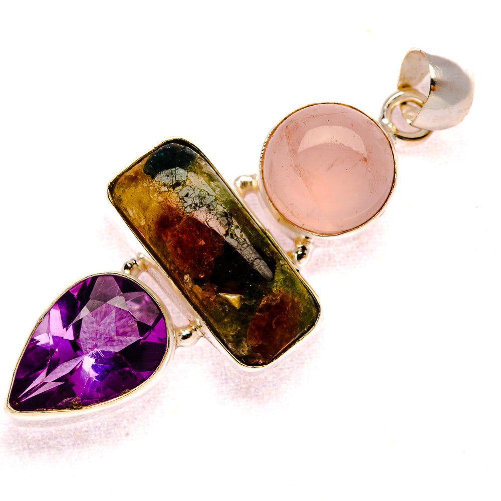 Natural Tourmaline, Amethyst, Rose Quartz Pendant 2" (925 Sterling Silver) PD37932