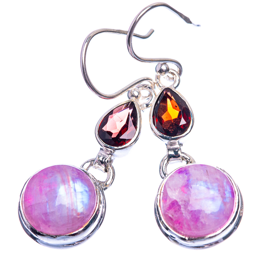 Pink Moonstone, Garnet Earrings 1 1/2" (925 Sterling Silver) E432434