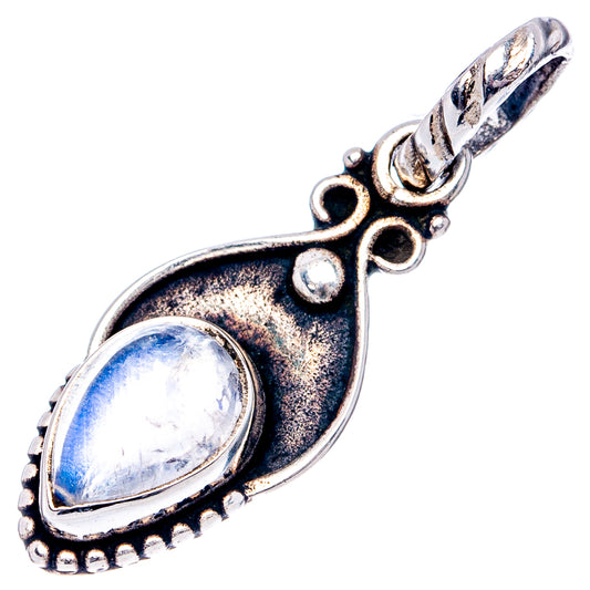 925 sterling silver rainbow moonstone pendant, oval cabochon in dark teardrop frame