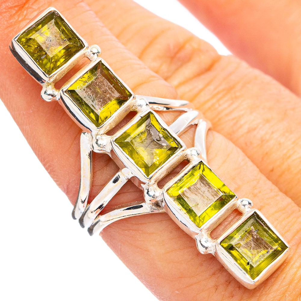 Peridot square-stone sterling silver ring with five yellow-green stones, size 7.5