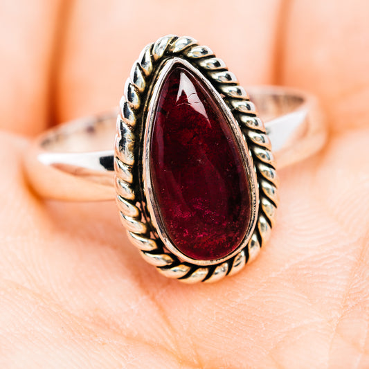 Teardrop pink tourmaline ring, .925 sterling silver setting with braided border