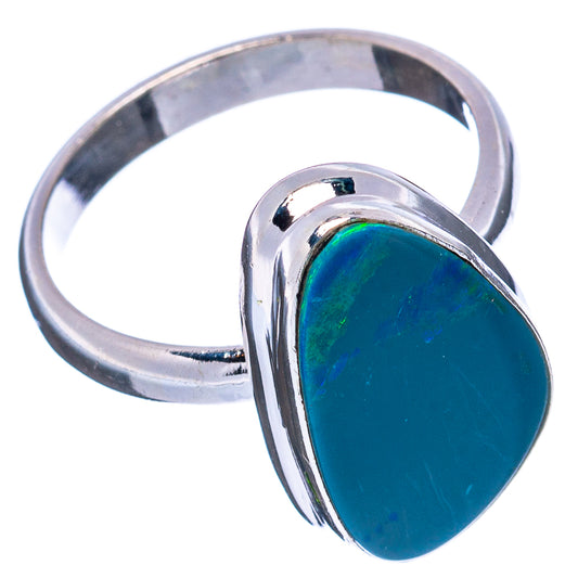 Sterling silver oval doublet opal ring with blue-green cabochon, size 7.5