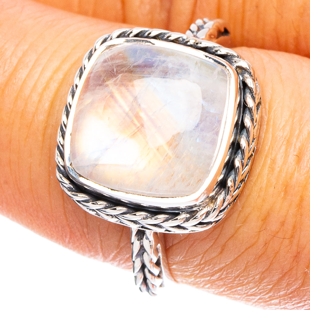 Sterling silver ring with braided rope band and square rainbow moonstone cabochon