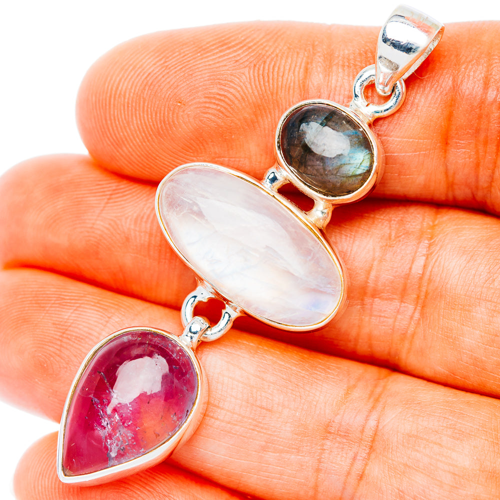 Premium Multi-Gem Rainbow Moonstone, Amethyst, Labradorite Pendant 2 1/4" (.925 Sterling Silver)