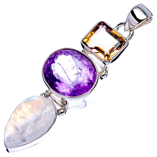 Sterling silver gemstone pendant, square ametrine top and purple and opal-like ovals below
