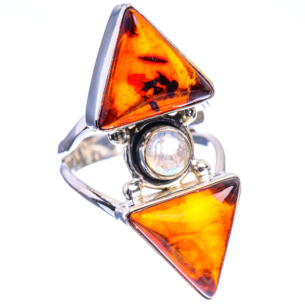 Baltic Amber, Rainbow Moonstone Ring Size 7 (925 Sterling Silver) R142037