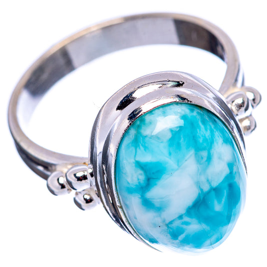 Larimar gemstone ring, oval blue stone bezel in .925 sterling silver band