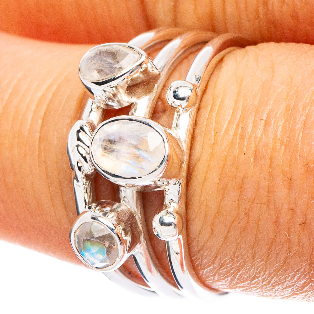 Sterling silver moonstone ring with three oval cabochons, prong-set