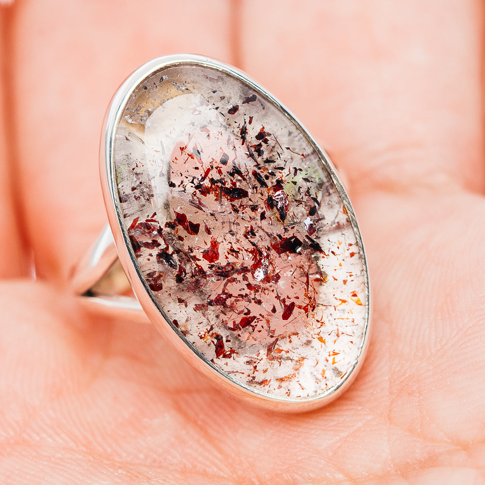 Size 7 sterling silver oval lepidocrocite cabochon ring, oval face with red flecks