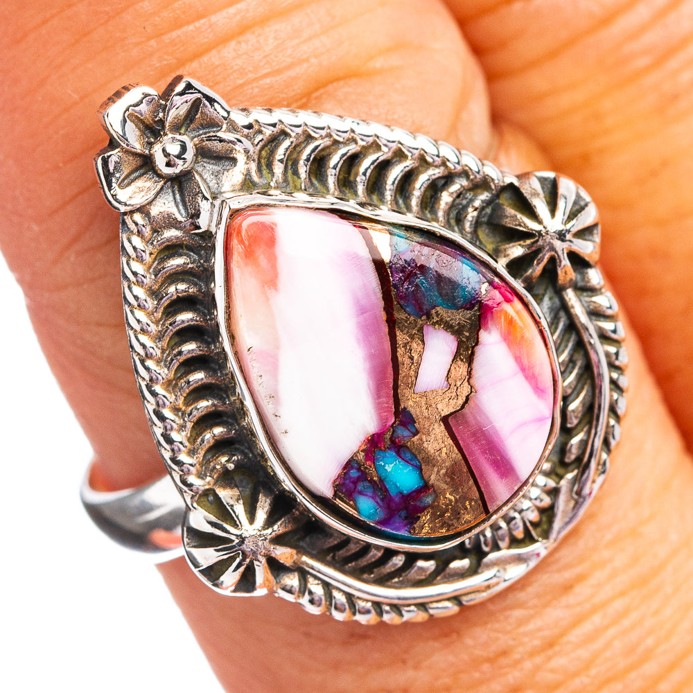 Southwestern Style Pink Dahlia Turquoise Ring Size 9.75 (.925 Sterling Silver)