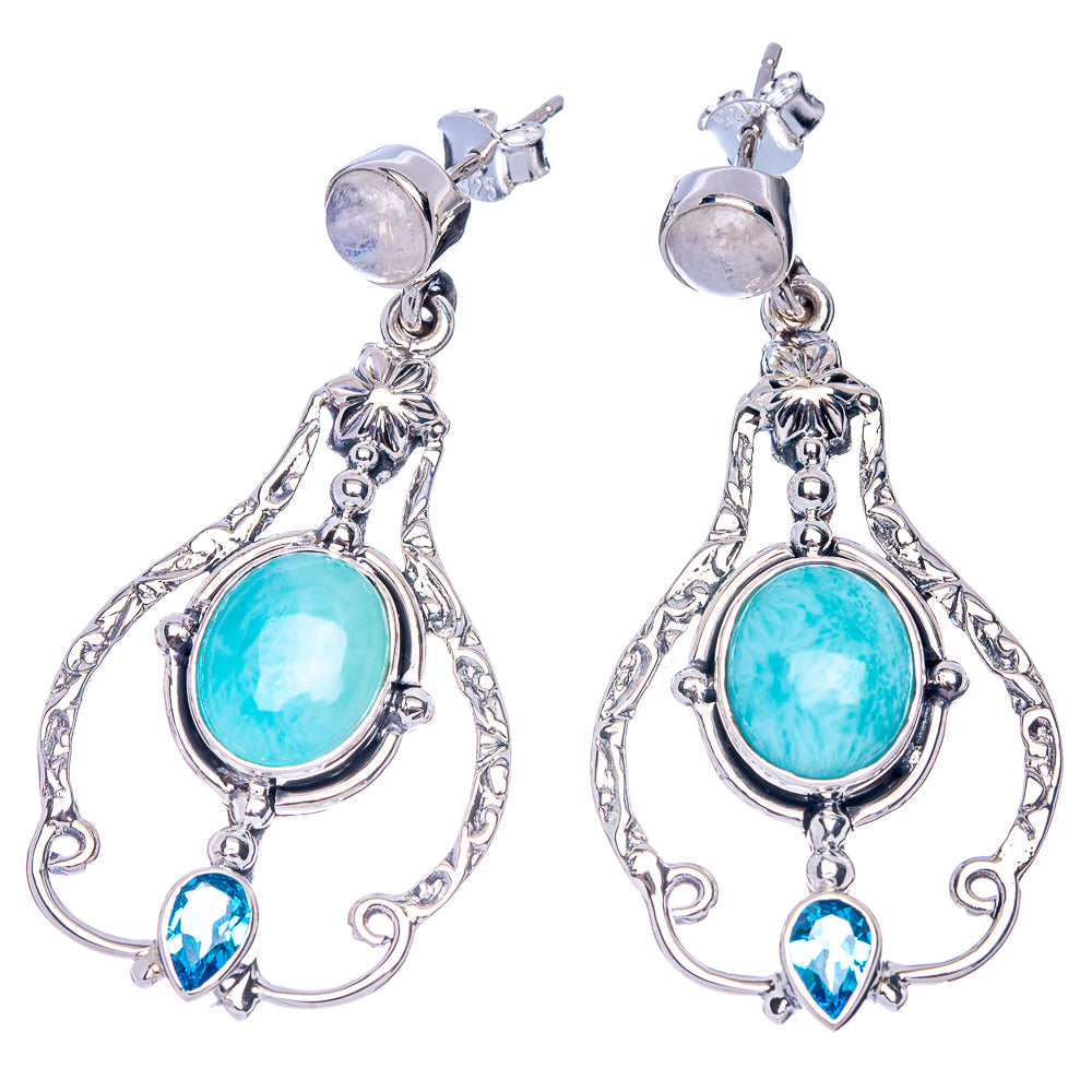 Signature Larimar, Rainbow Moonstone, Blue Topaz Earrings 1 7/8" (925 Sterling Silver) E1075