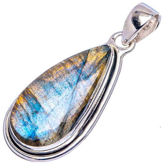 Sterling silver labradorite pendant, elongated oval stone with blue iridescence and ridged rim