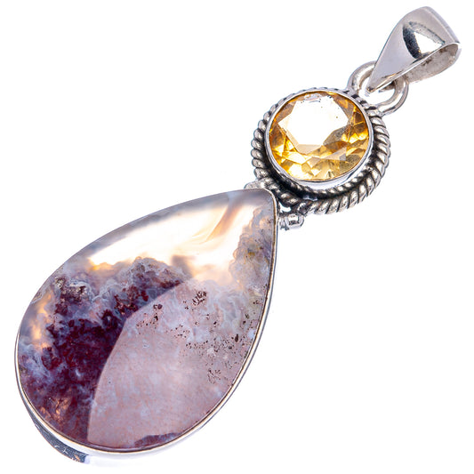 Sterling silver pendant featuring round citrine and oval teardrop plume agate cabochons