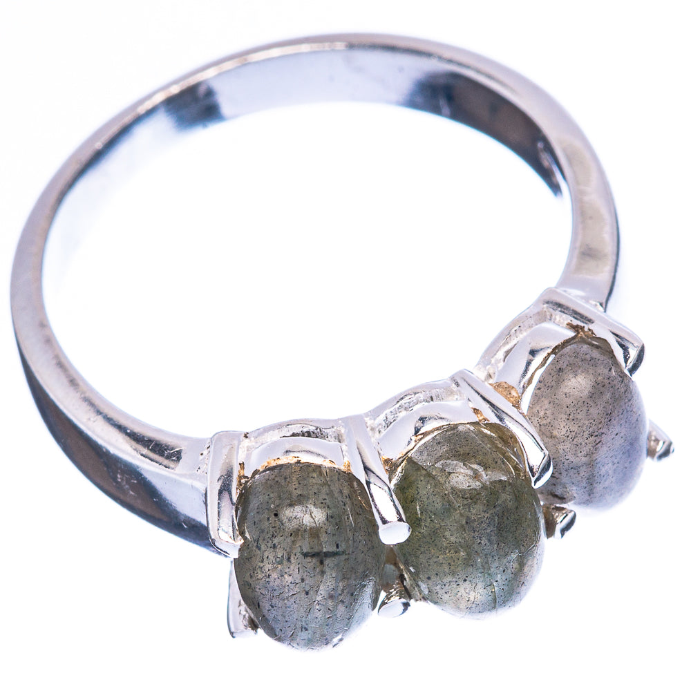 Sterling silver ring with three gray-blue labradorite oval stones and open band