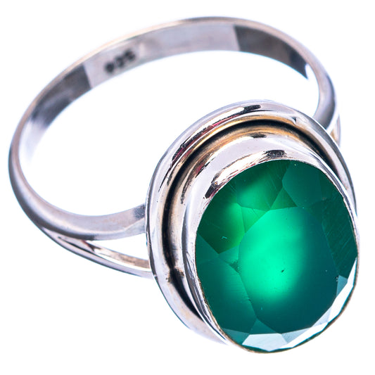 Sterling silver ring with green onyx round gemstone and raised bezel
