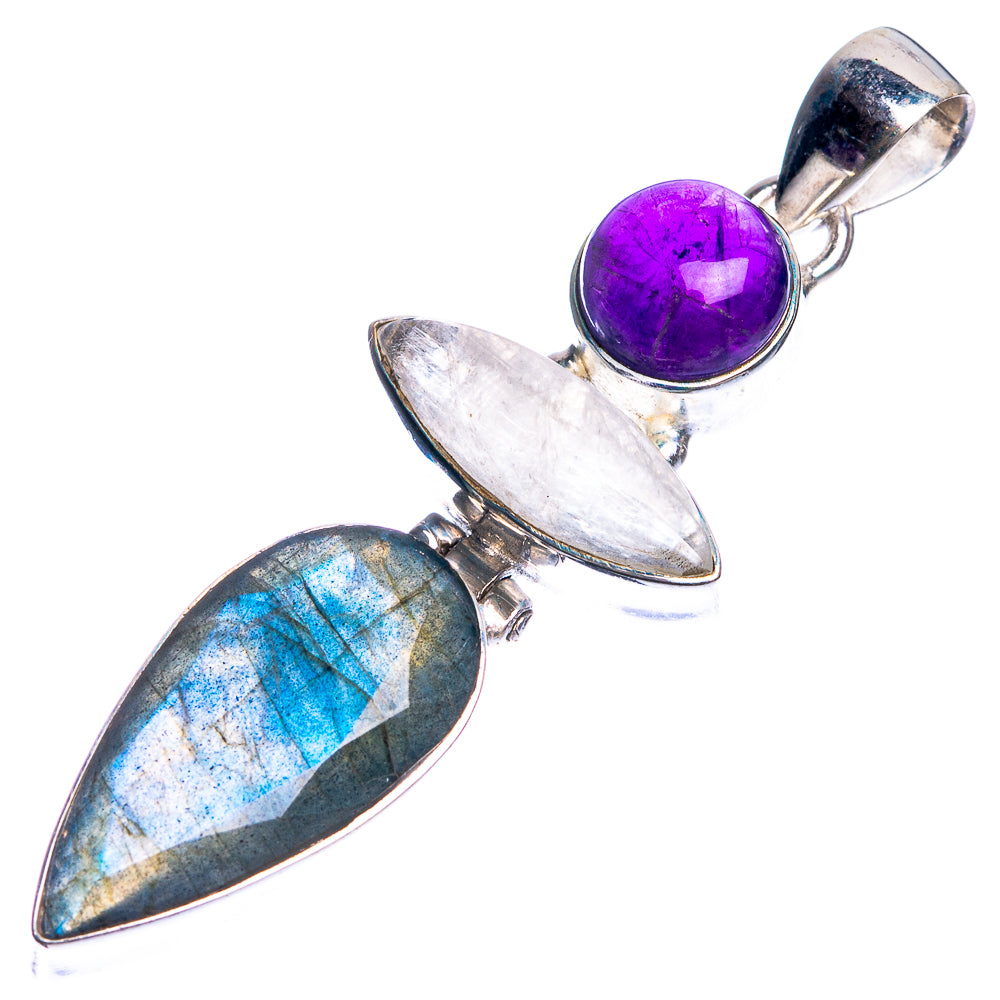 Labradorite, Rainbow Moonstone, Amethyst 925 Sterling Silver Pendant 2 1/8"