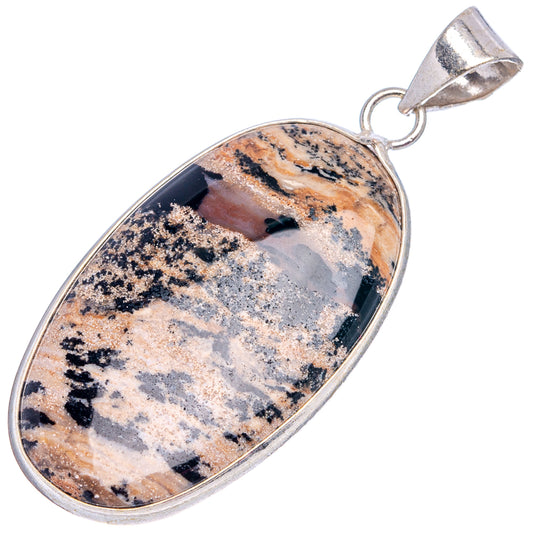 Silver-plated oval dendrite pendant with speckled cream and dark brown stone