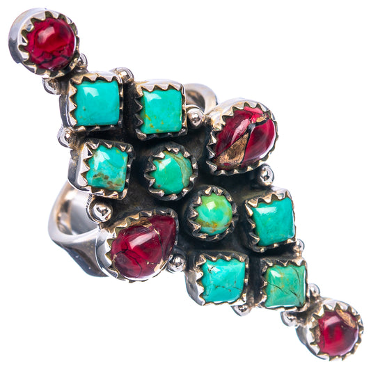 Sterling .925 silver ring with turquoise and red gemstone cluster, ornate scalloped settings